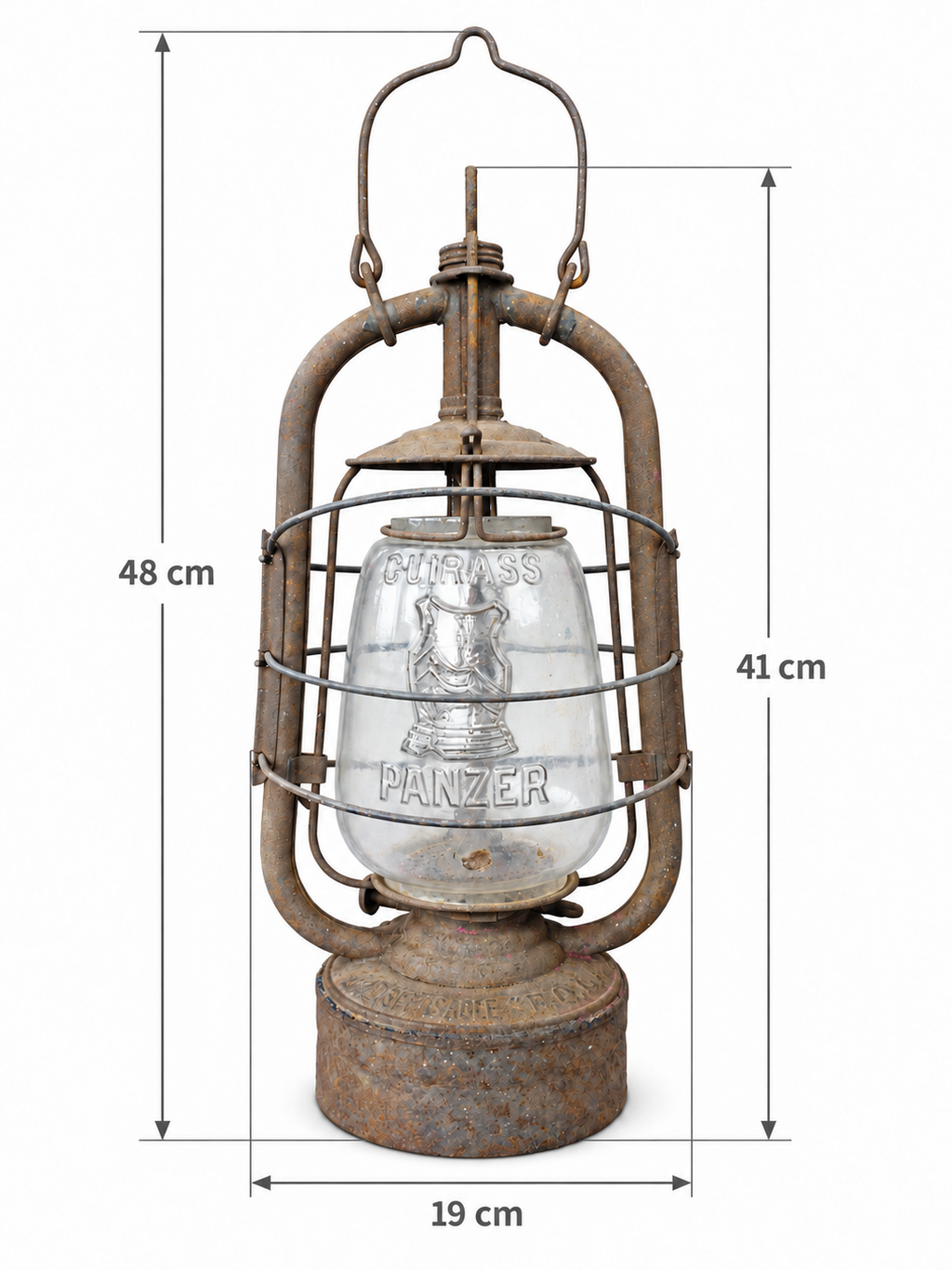Panzer Cuirass lantern on white, with dimensions: 41 cm high without handle, 48 cm with handle raised and 19 cm wide.