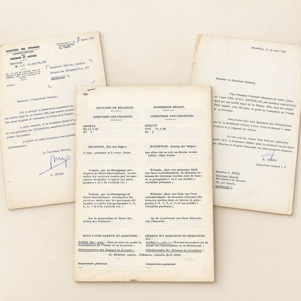 1966 Alexis Dubois archive with Belgian royal decree and correspondence for Commander of the Order of the Crown