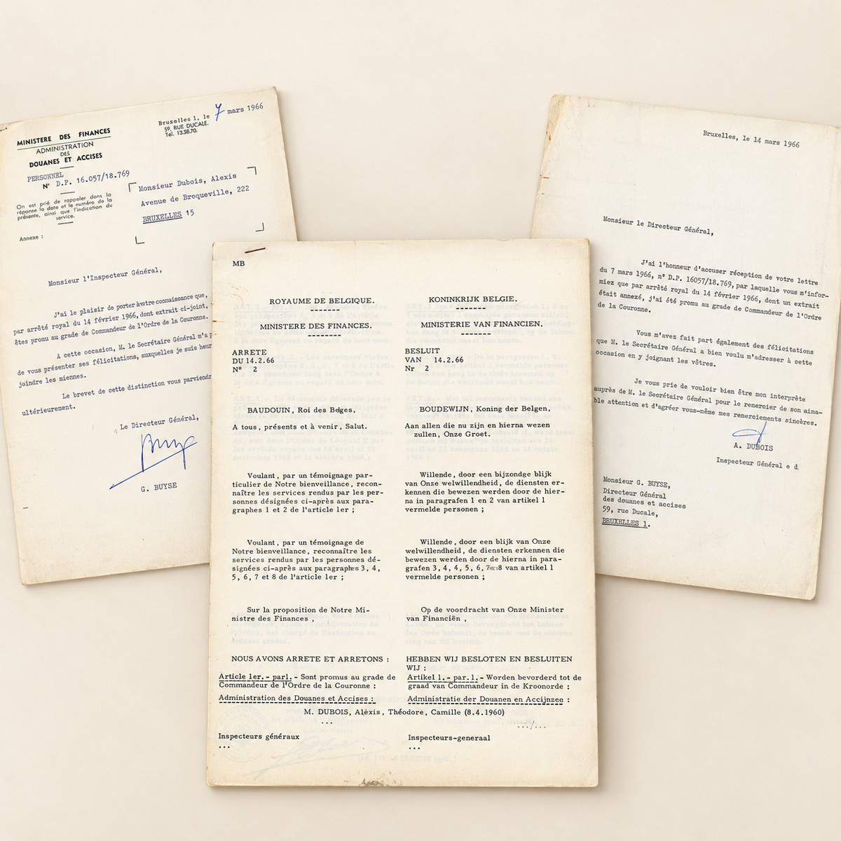 1966 Alexis Dubois archive with Belgian royal decree and correspondence for Commander of the Order of the Crown