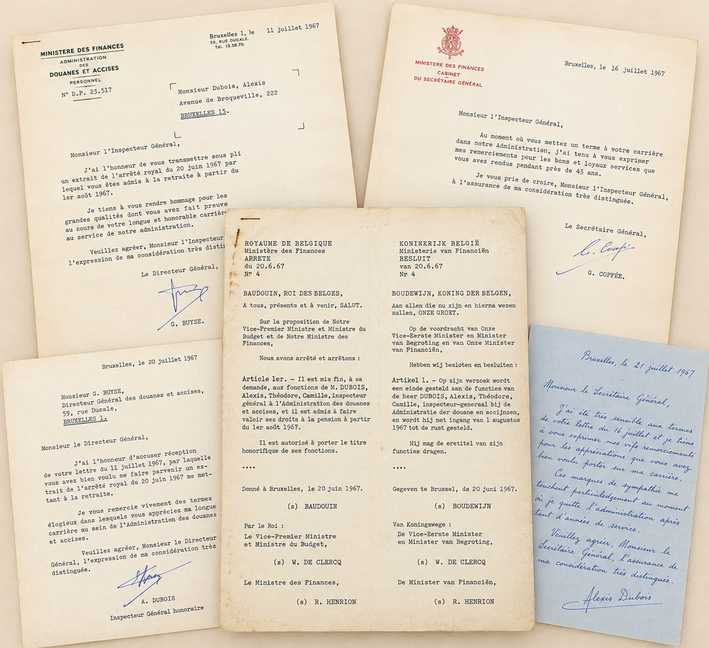 1967 Alexis Dubois retirement archive with Belgian royal decree, official letters and signed correspondence