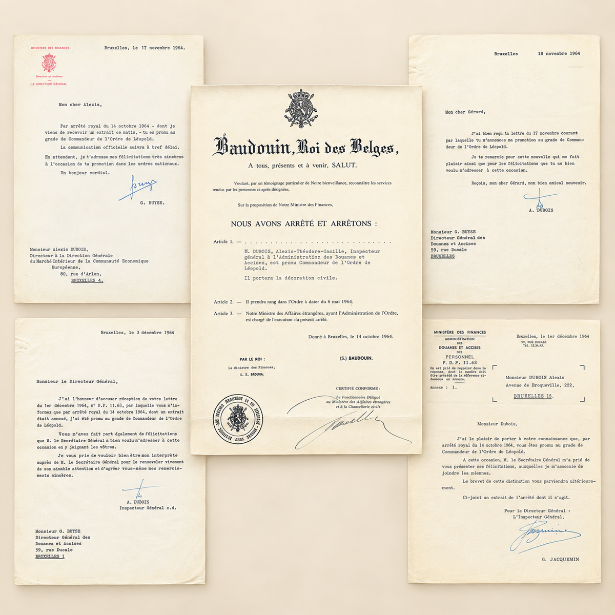 Vintage Belgian official archive collage with five documents related to Alexis Dubois and the Order of Leopold, 1954–1964