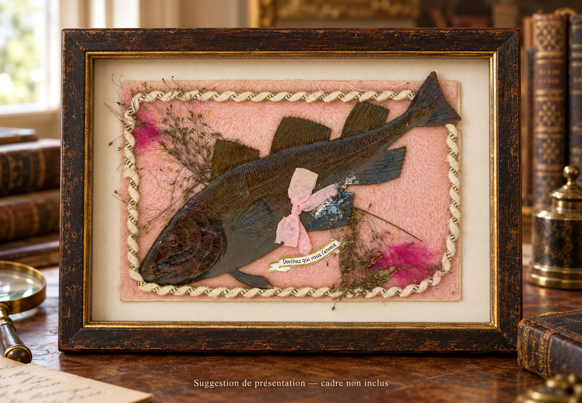 Antique postcard with a dark fish in relief, pink ribbon and botanical sprigs on pink textile, displayed in a patinated wooden frame on a vintage desk. Frame not included.