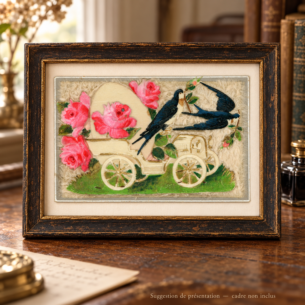 Antique postcard with a cream motor car, blue swallows and pink fabric roses in relief, displayed in a patinated wooden frame on a vintage desk. Frame not included.