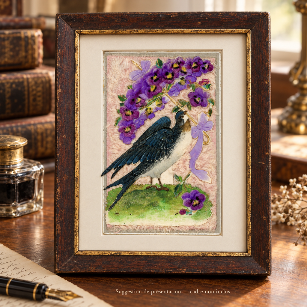 Antique postcard featuring a swallow beneath a purple pansy parasol on pale pink textile, displayed in a patinated wooden frame on a vintage writing desk. Frame not included.