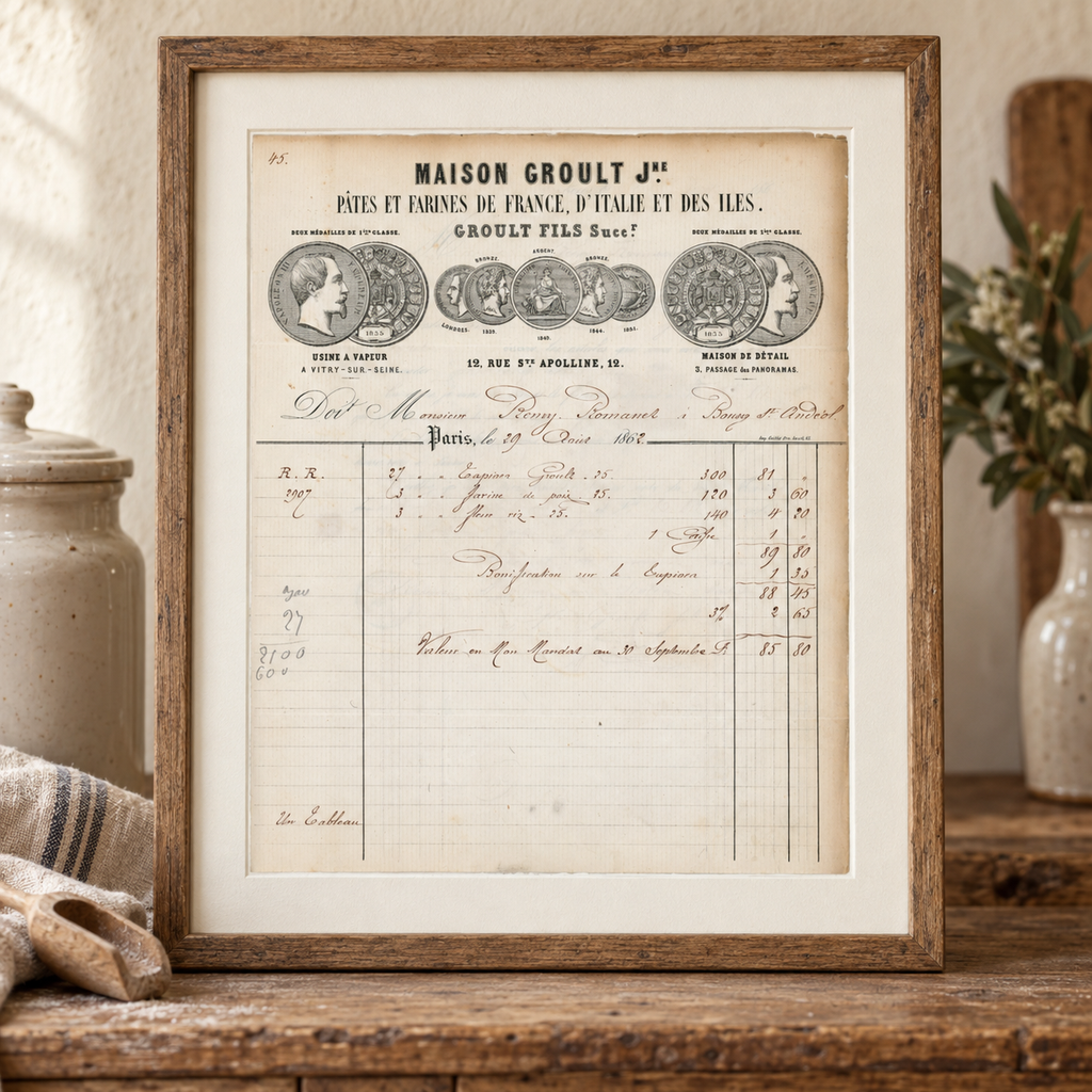 1862 Maison Groult French food invoice displayed as framed historical wall decor