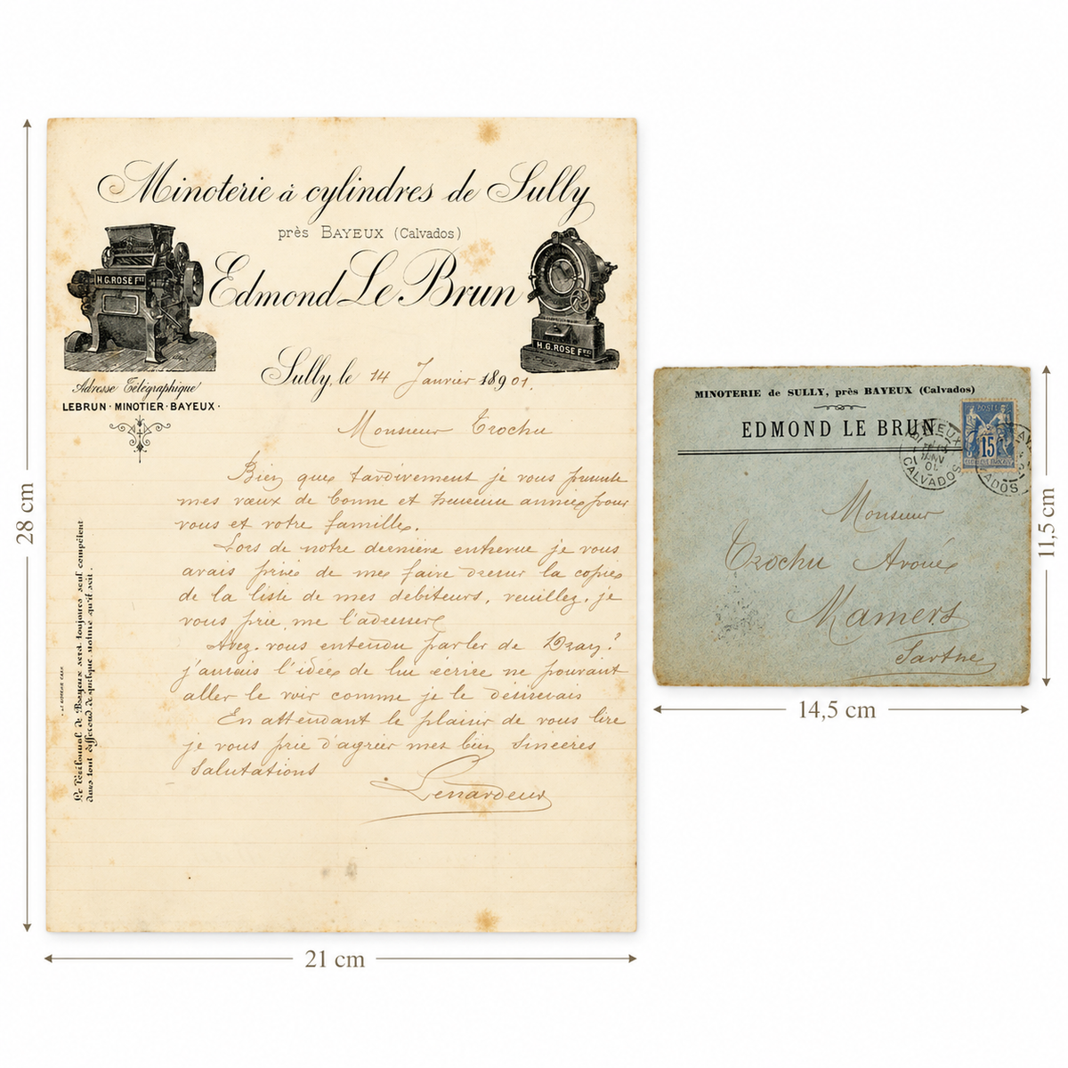 Original 1901 Sully flour mill letter and envelope from Bayeux, France