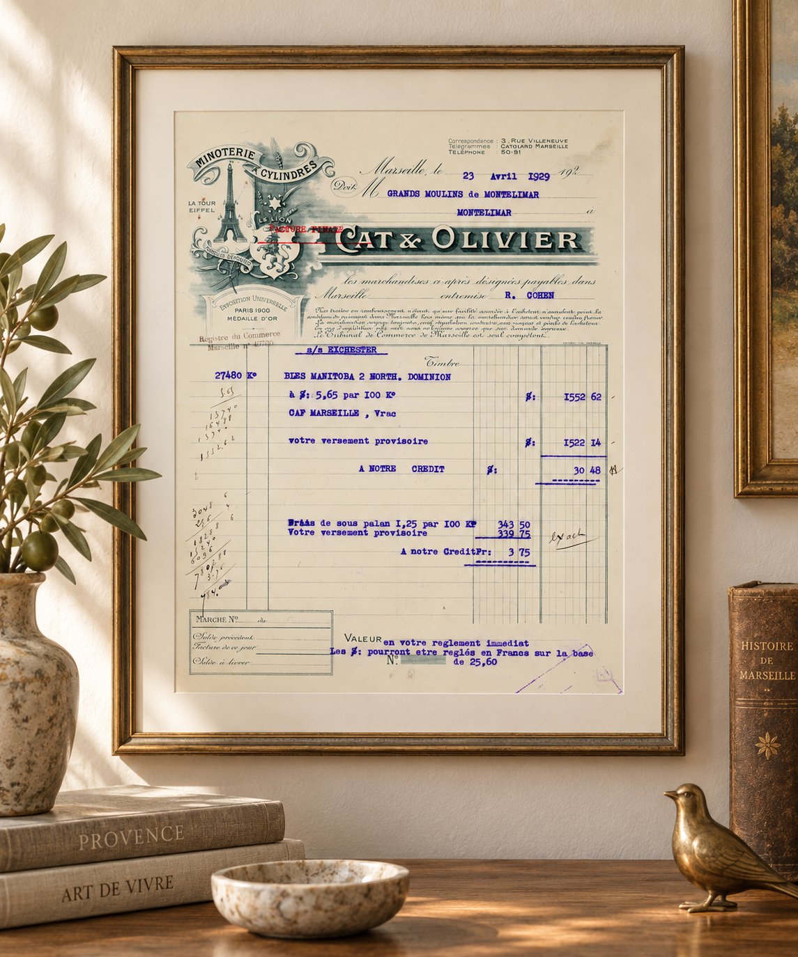1929 French flour mill invoice displayed as framed industrial history wall decor