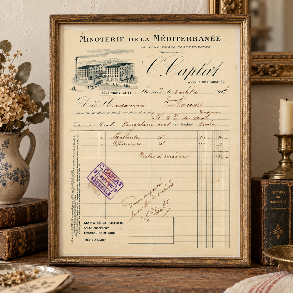 1917 French flour mill invoice displayed as framed industrial history decor