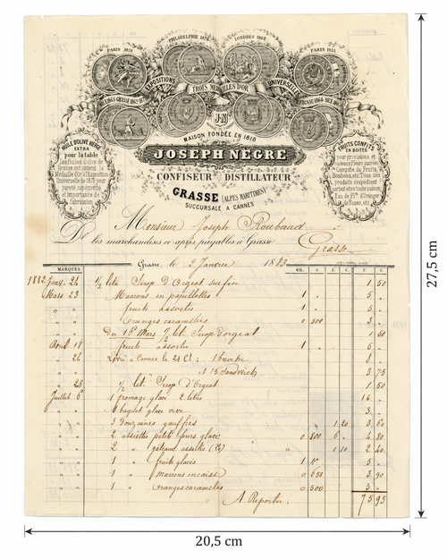 Original 1883 French confectionery invoice with ornate Joseph Nègre letterhead