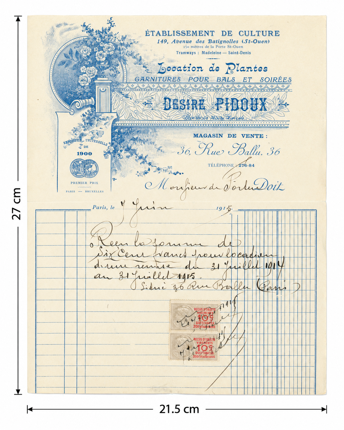Original 1915 French horticultural receipt from Pierre Pidoux, Paris and Saint-Ouen