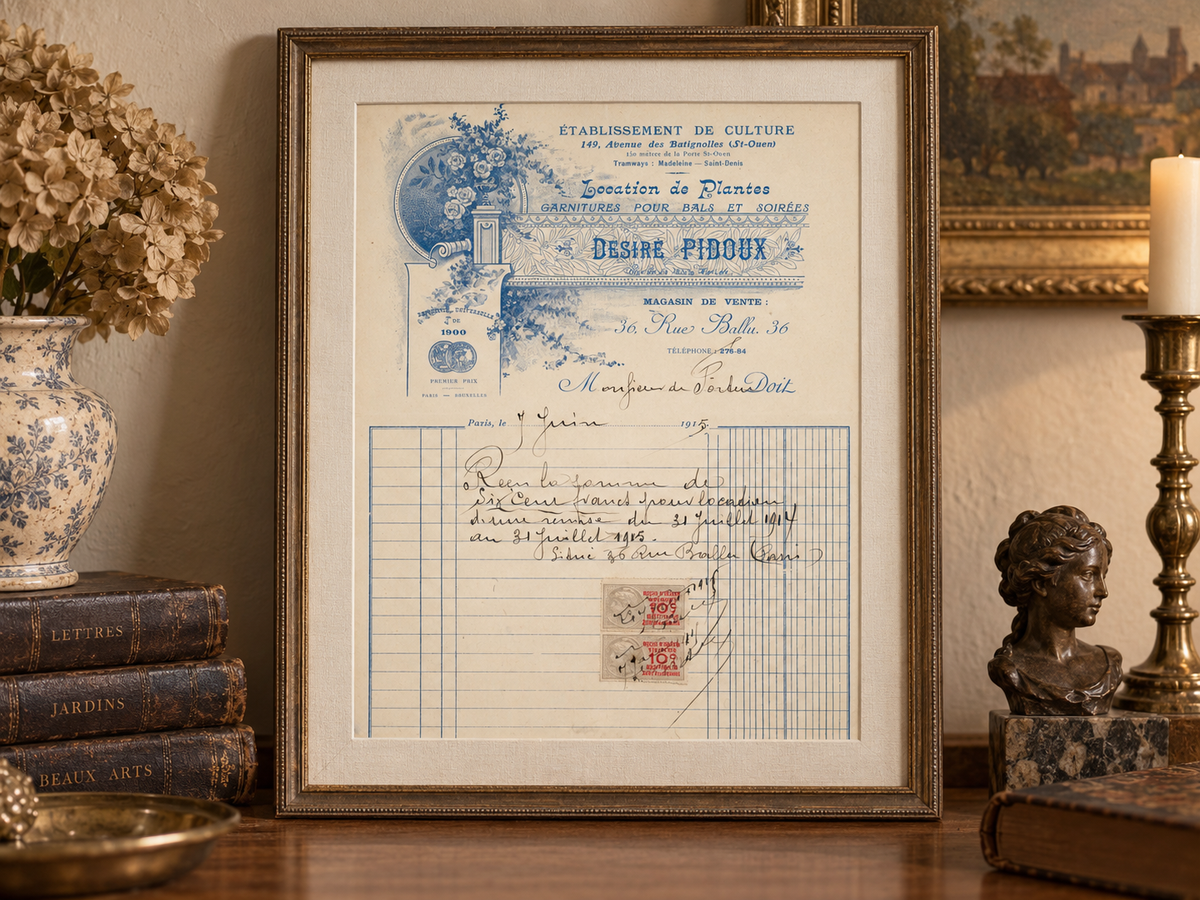 1915 Pierre Pidoux horticultural receipt displayed as framed historical wall decor