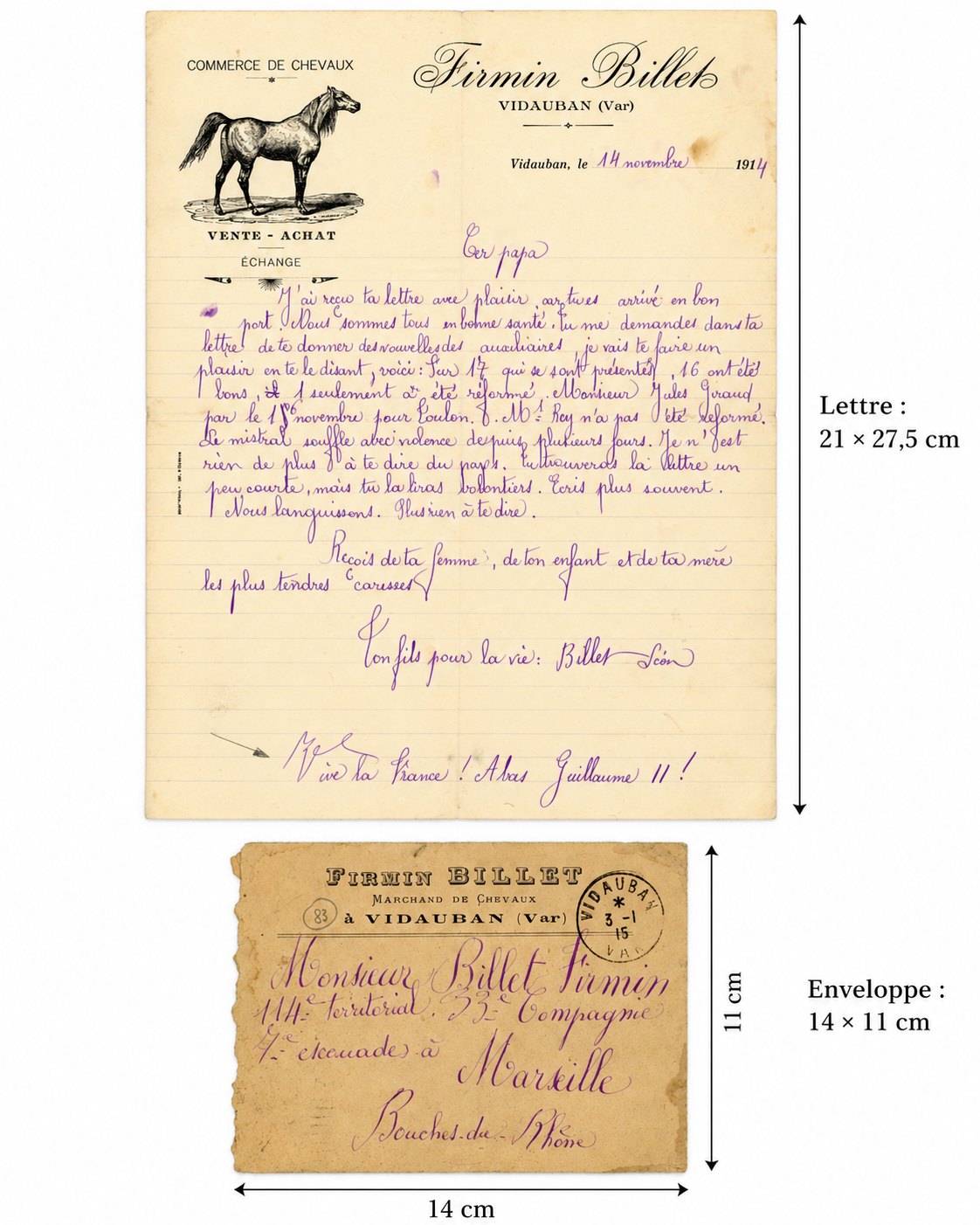 Original handwritten French WWI family letter dated November 1914, Vidauban