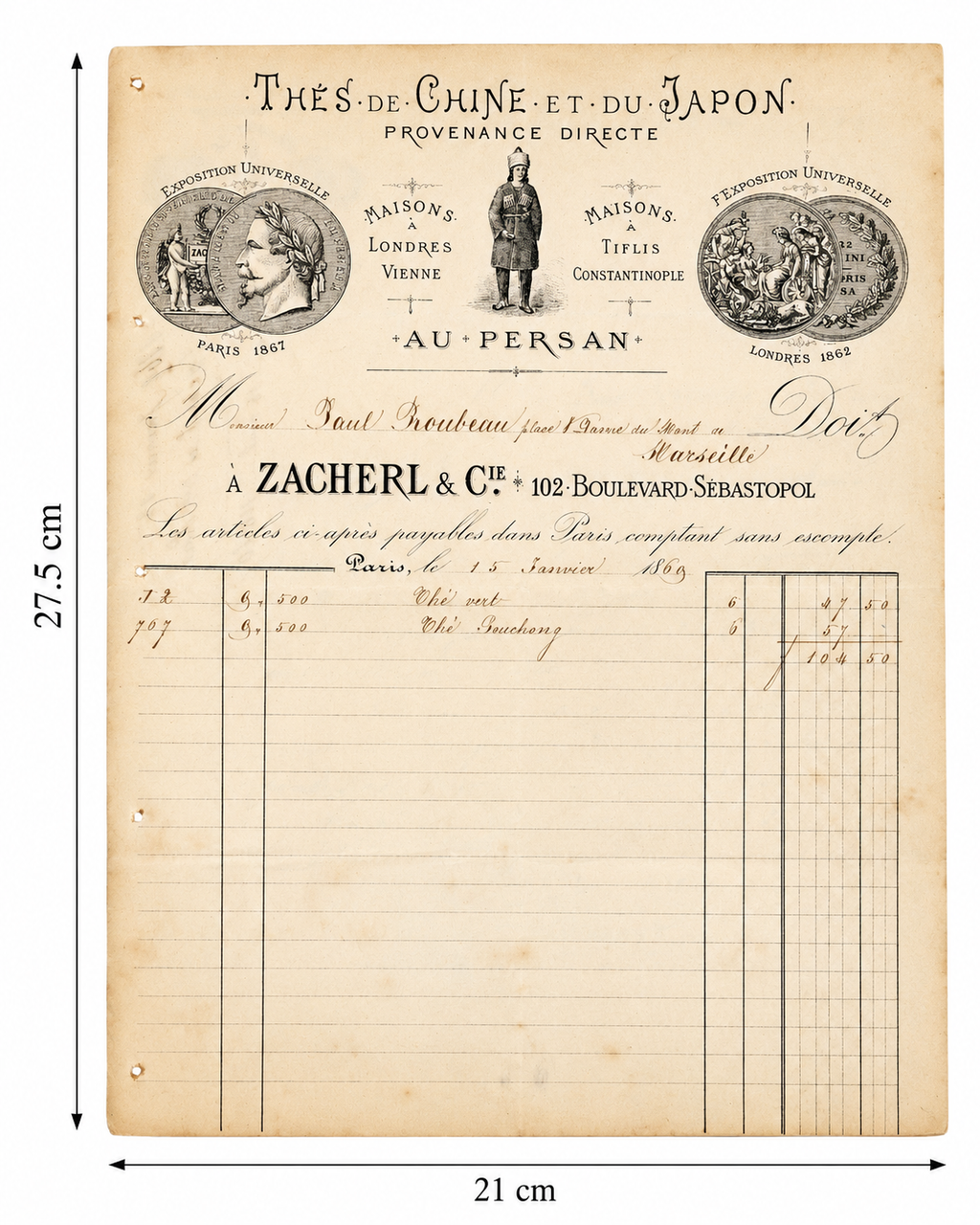Original 1869 French tea invoice from J. Zacherl & Cie, Paris