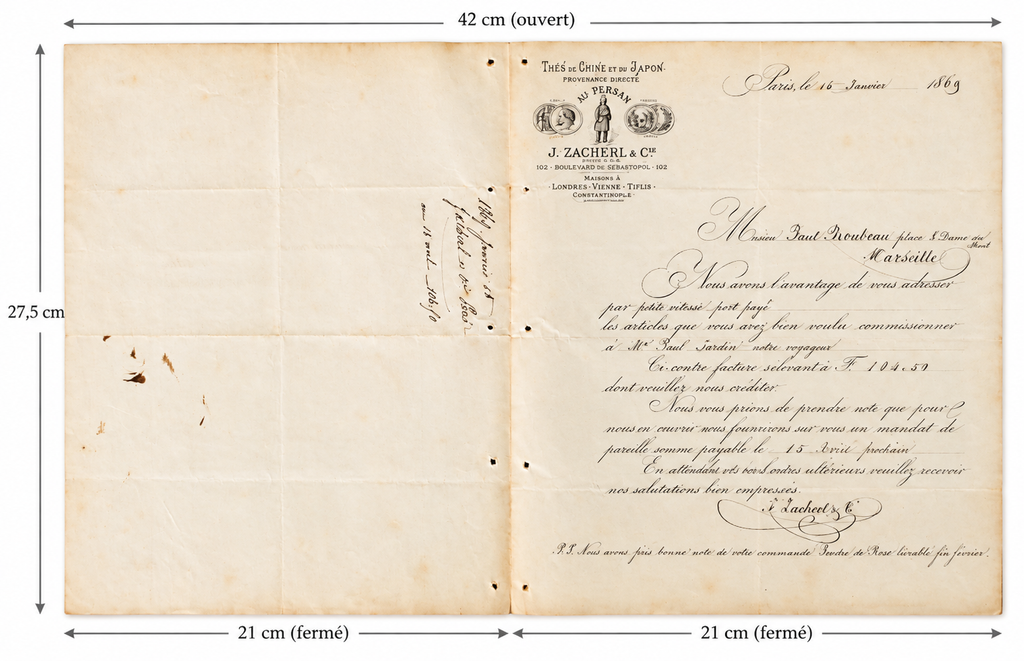 1. Original 1869 French tea invoice and correspondence shown as a folded commercial document