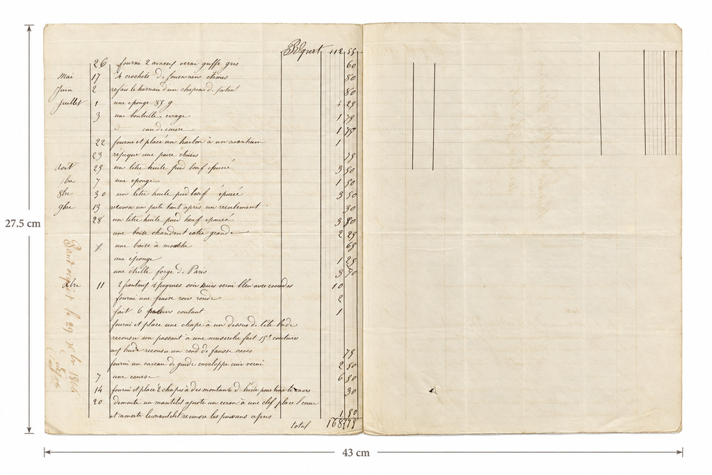 Ruled accounting section of 1866 Guépet saddler invoice