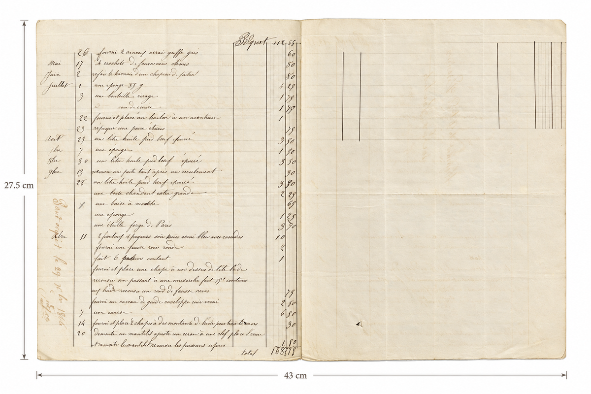 Ruled accounting section of 1866 Guépet saddler invoice