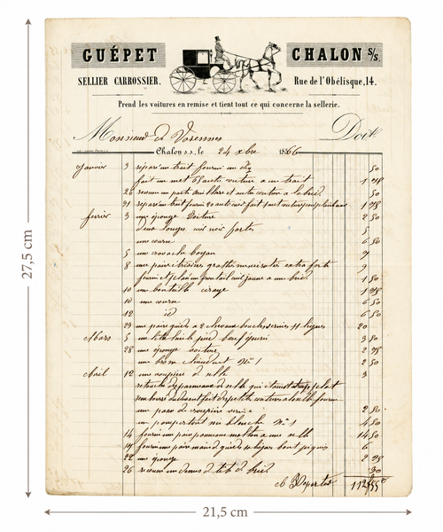Original 1866 French saddlery account with horse-drawn carriage letterhead