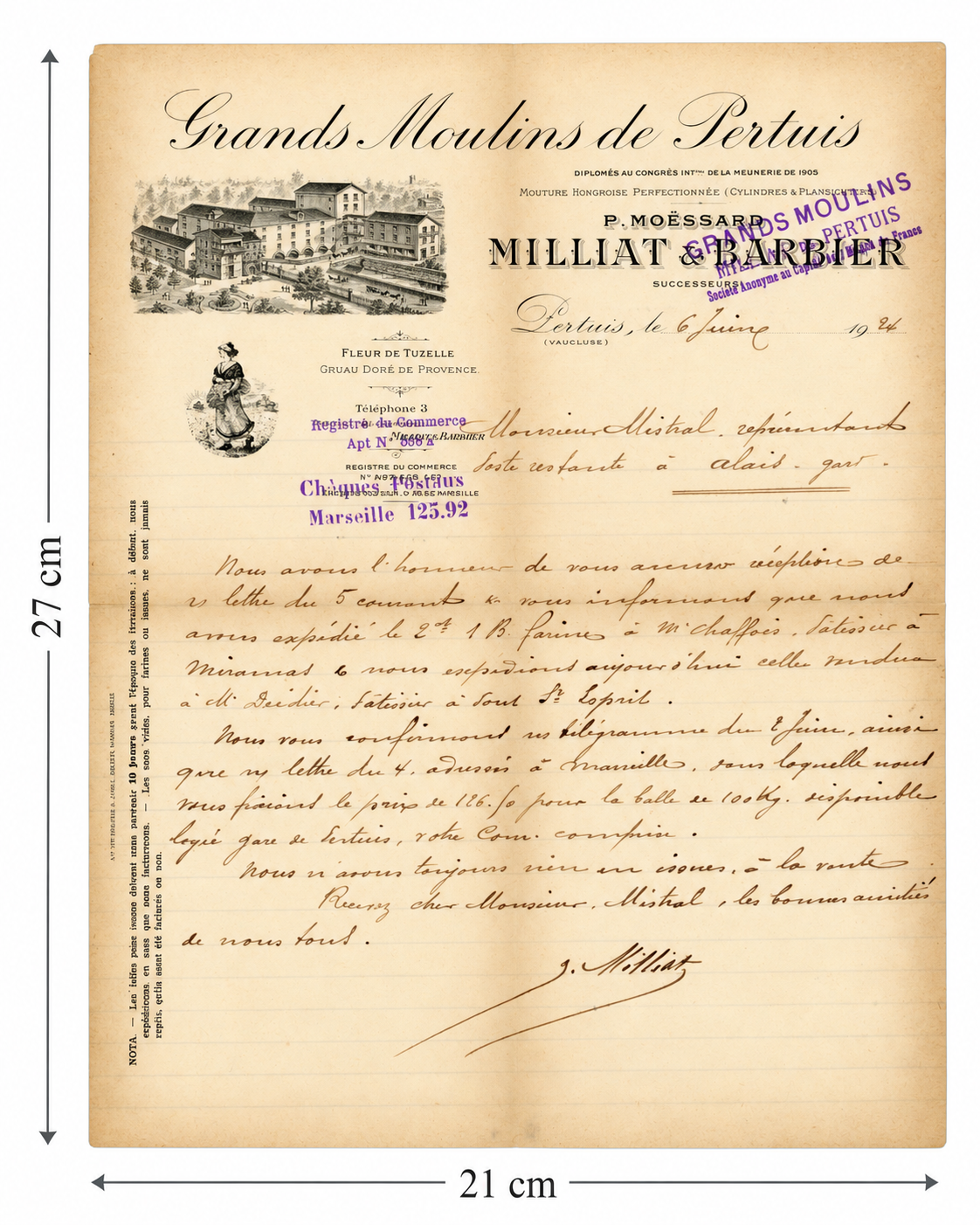 Original 1924 French flour mill business letter from Pertuis, Vaucluse