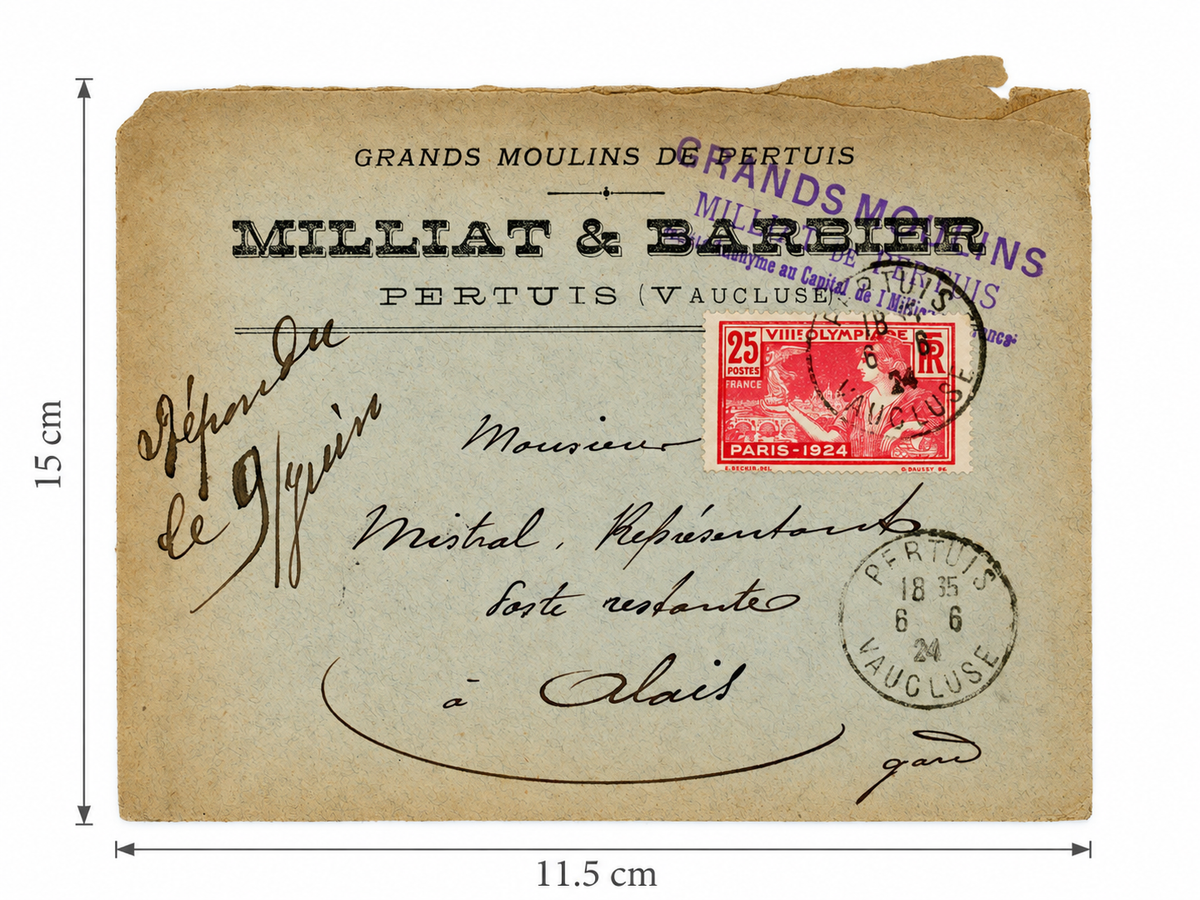 Stamped commercial envelope accompanying Grands Moulins de Pertuis letter, 1924