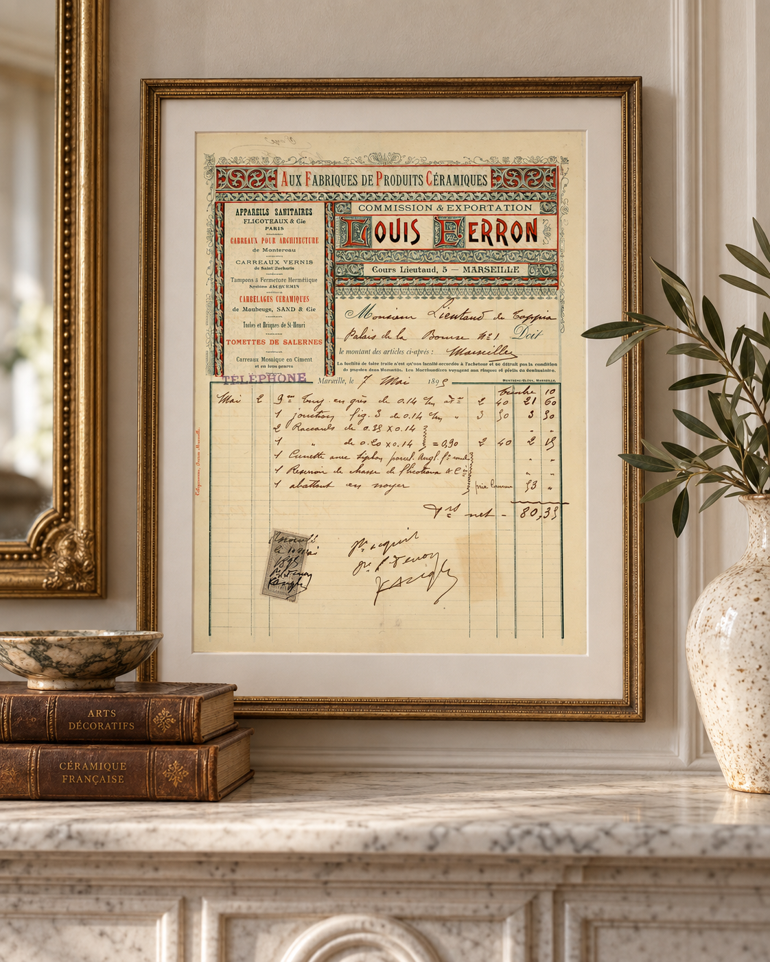 1898 French ceramic trade invoice displayed as framed historical wall decor