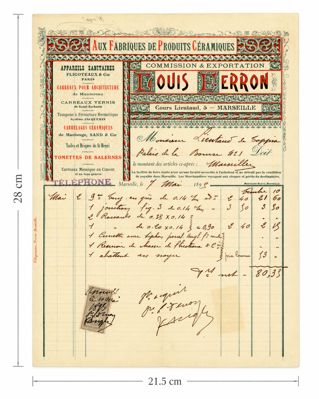 Original 1898 French ceramics and sanitary ware invoice by Louis Perron, Marseille