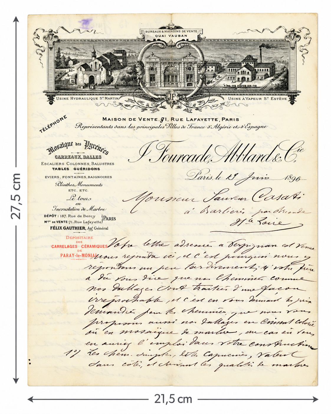 Antique French marble and mosaic trade letter with handwritten correspondence