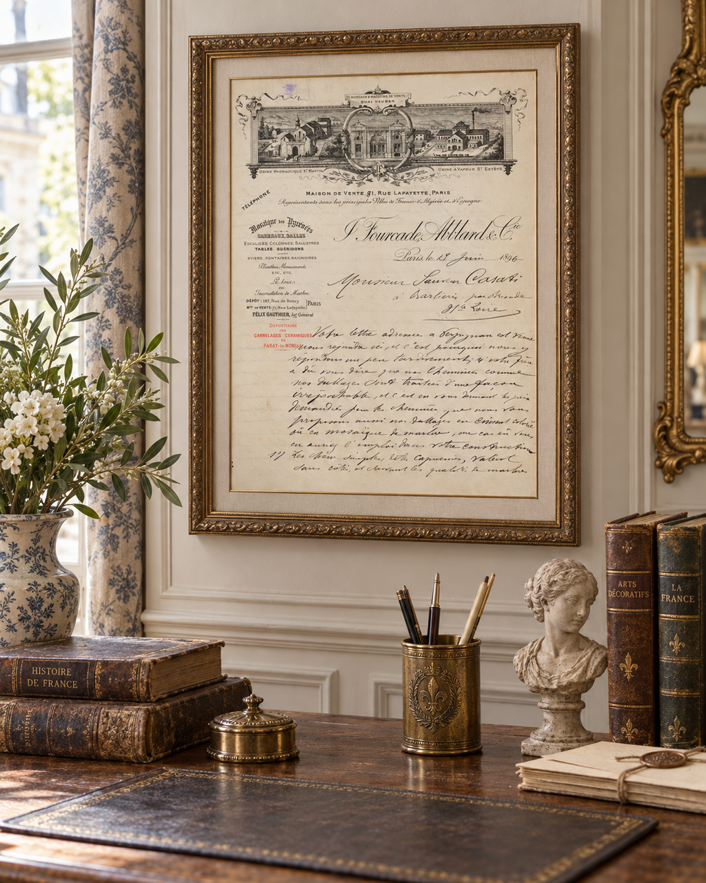 1896 French marble trade letter displayed as framed architectural history decor