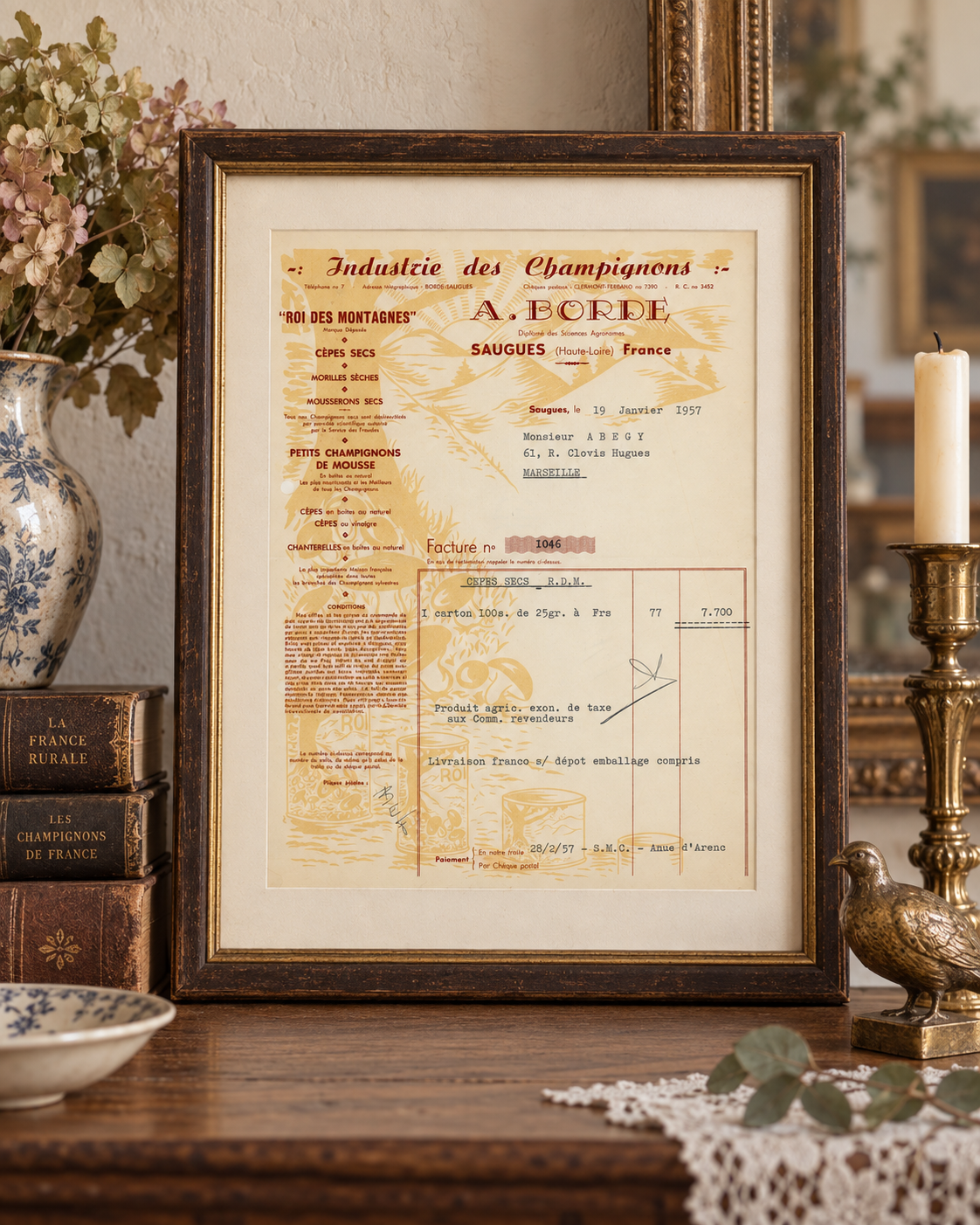 1. 1957 A. Borde mushroom invoice displayed as framed vintage food history decor