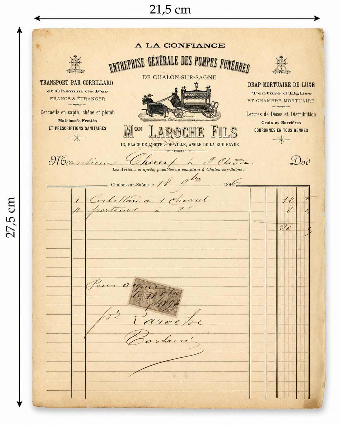 Original 1896 French funeral invoice with illustrated horse-drawn hearse letterhead