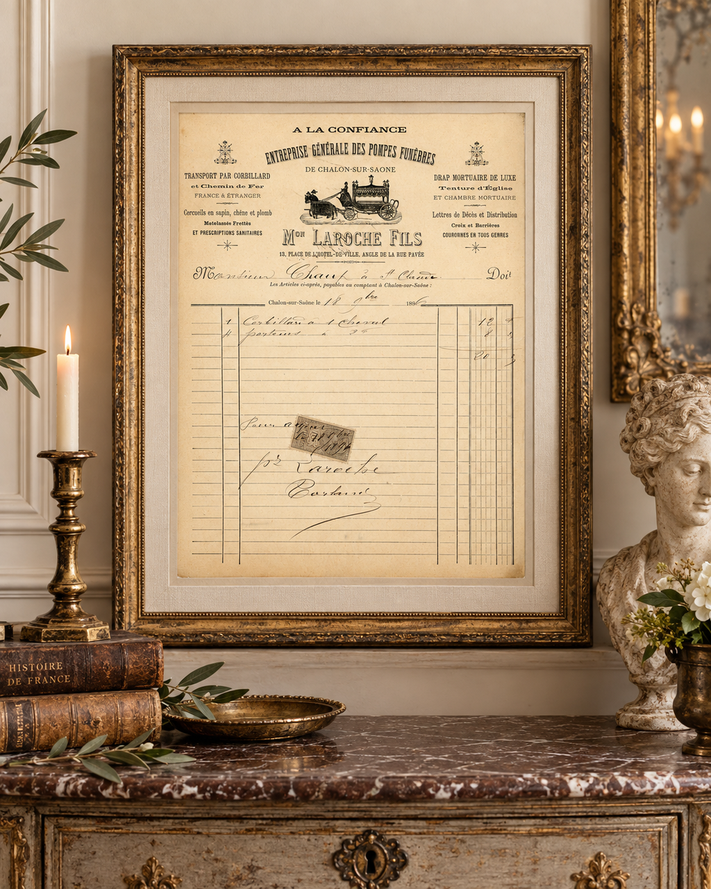 1. 1896 Laroche Fils funeral invoice displayed as framed historical wall decor