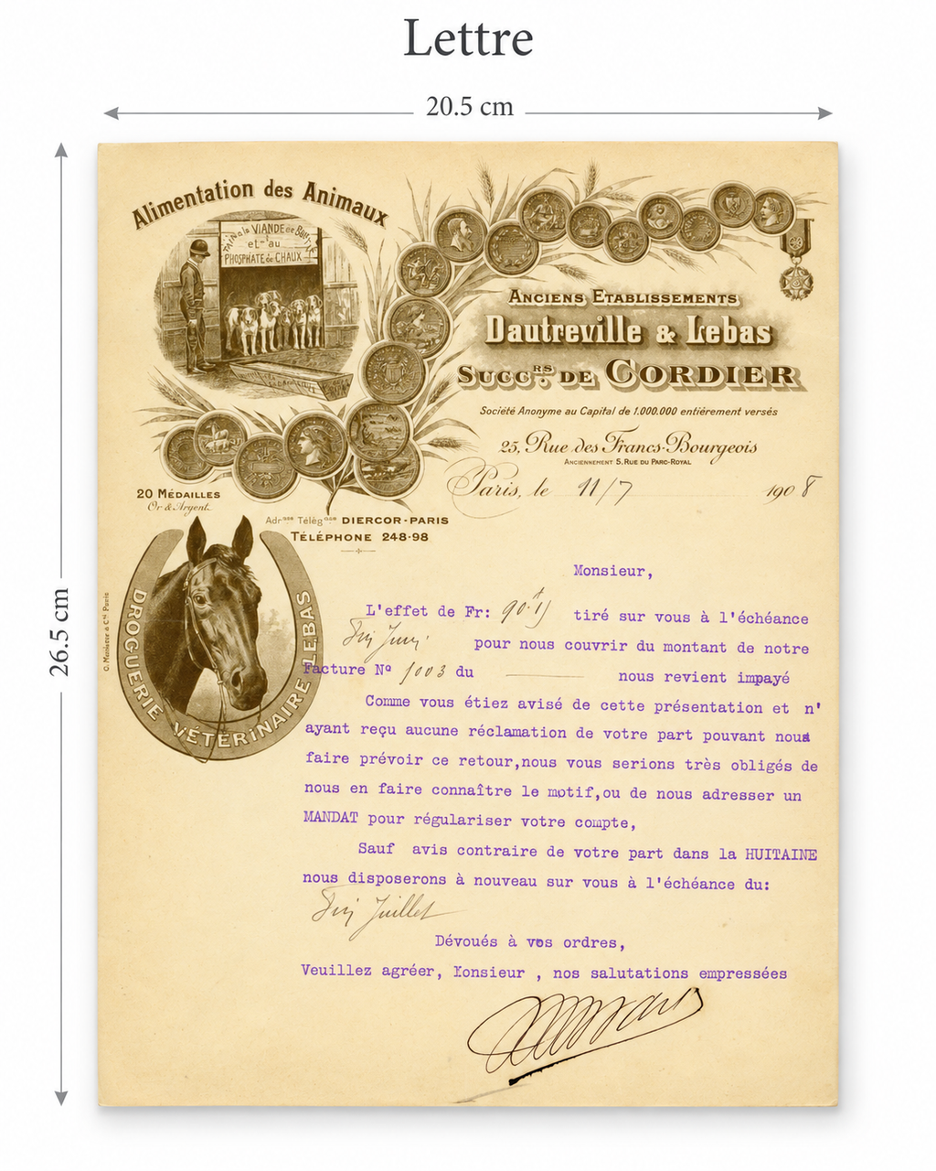 Original 1907 French veterinary business letter with illustrated horse and dog letterhead