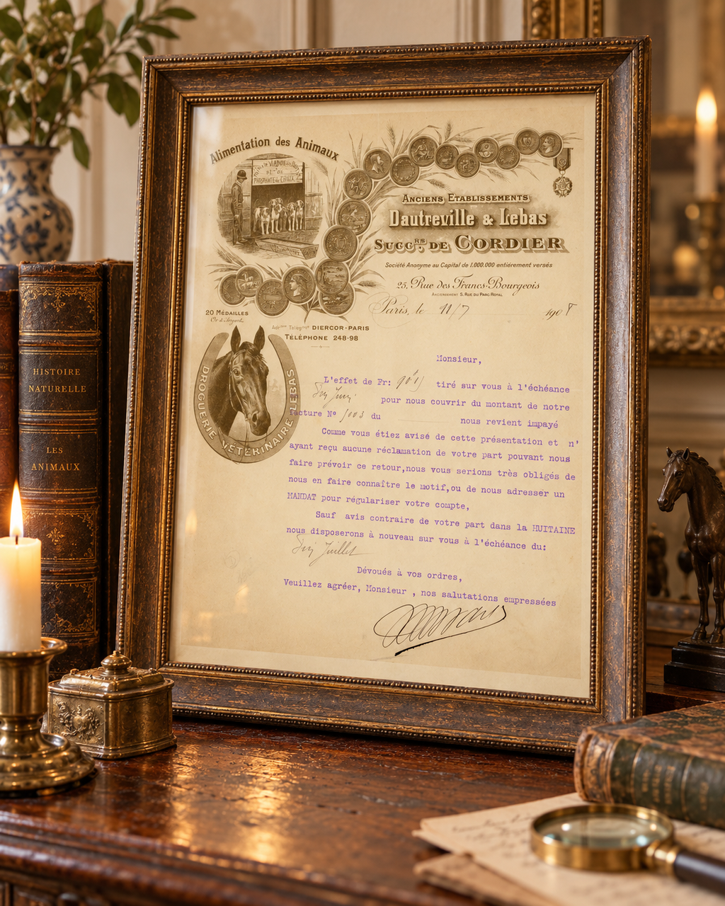 1. 1907 Dautreville & Lebas letter displayed as framed historical wall decor