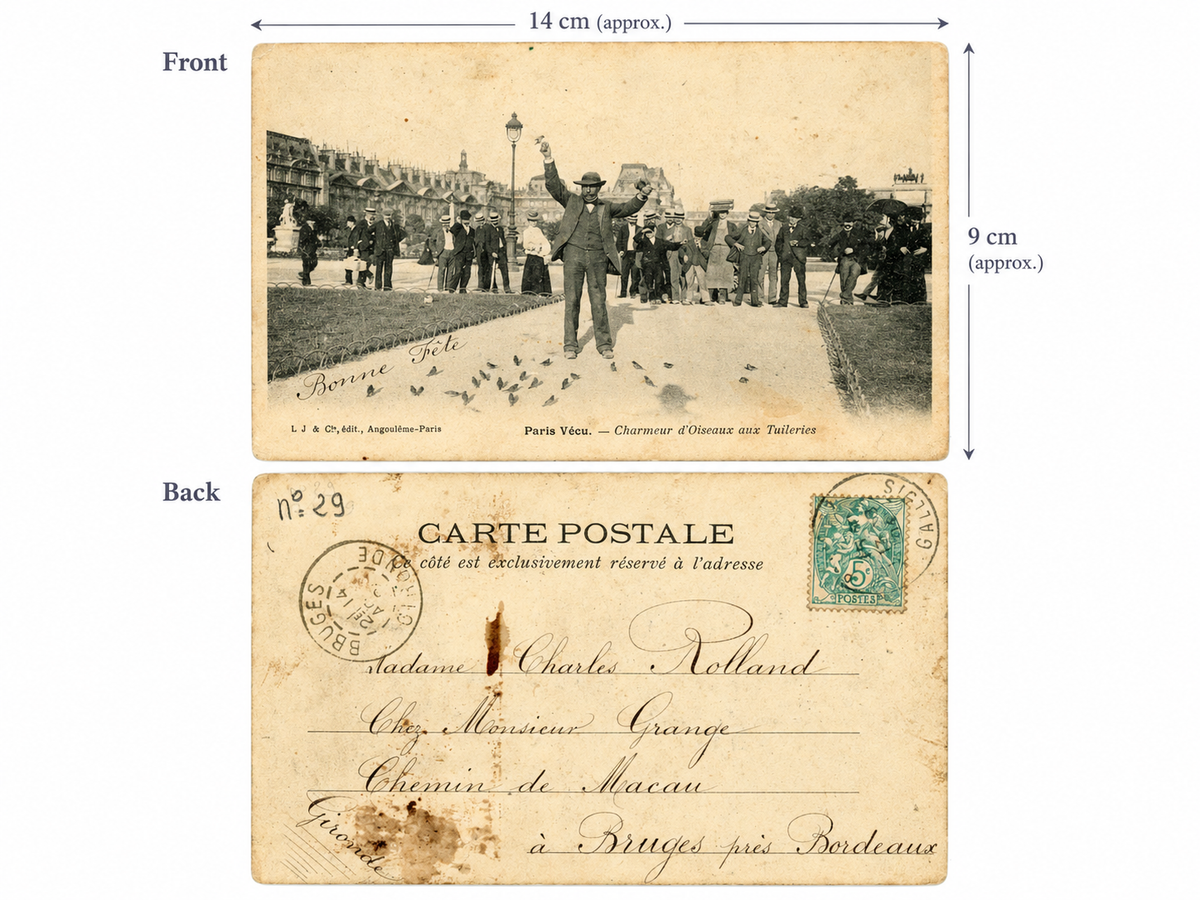 Paris Vécu – Bird Charmer at the Tuileries – Antique French Postcard