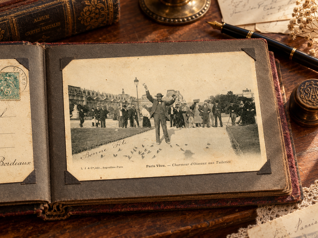 Paris Vécu – Bird Charmer at the Tuileries – Antique French Postcard