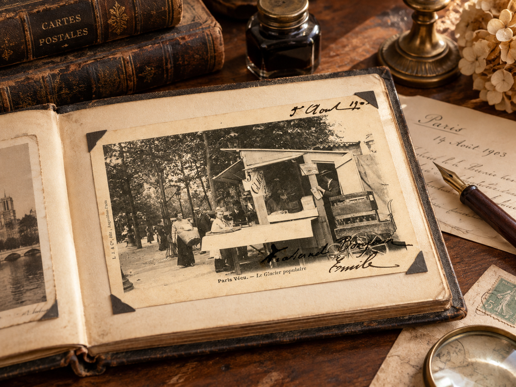 Paris Vécu – Le Glacier populaire (Popular Ice Cream Kiosk) – Antique French Postcard