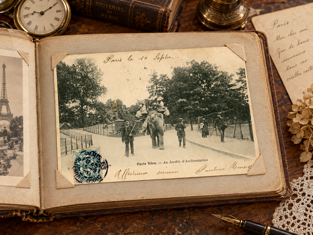 Paris Vécu – Elephant Ride at the Jardin d’Acclimatation – Antique French Postcard