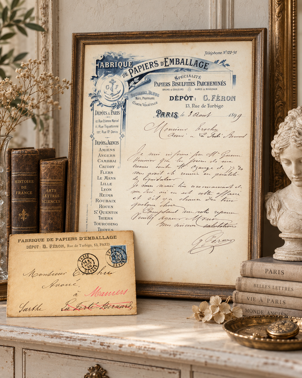 Antique French 1899 letter displayed as framed historical wall decor