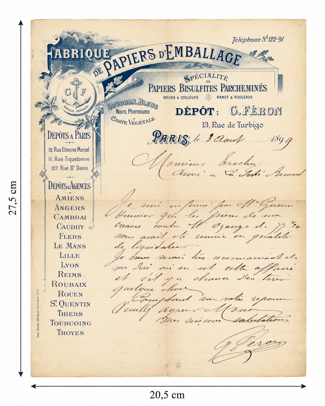 Antique French handwritten business letter, Paris 1899, shown with measurements 27.5 x 20.5 cm
