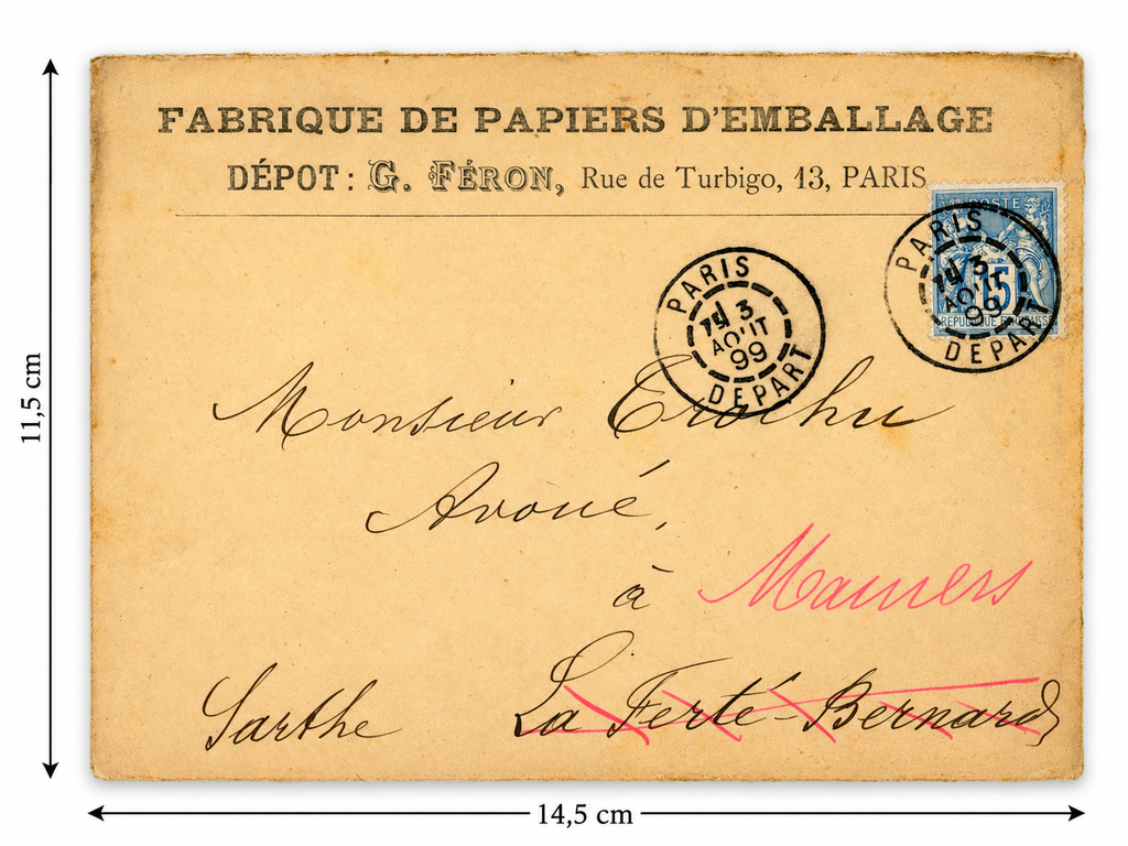 Original 1899 French stamped envelope with Paris postmarks, shown with measurements 14.5 x 11.5 cm