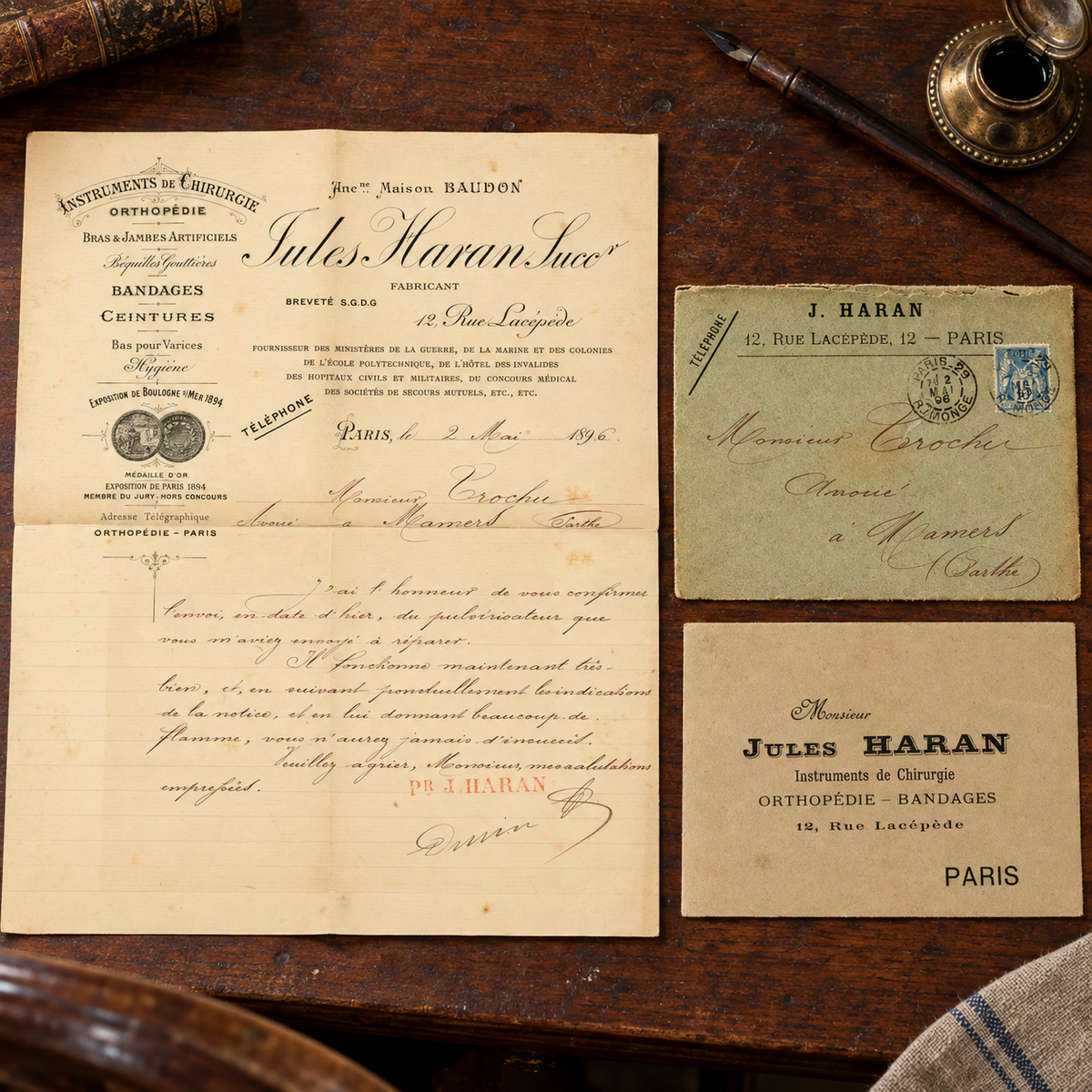 1896 French medical correspondence with original envelopes displayed in an antique interior