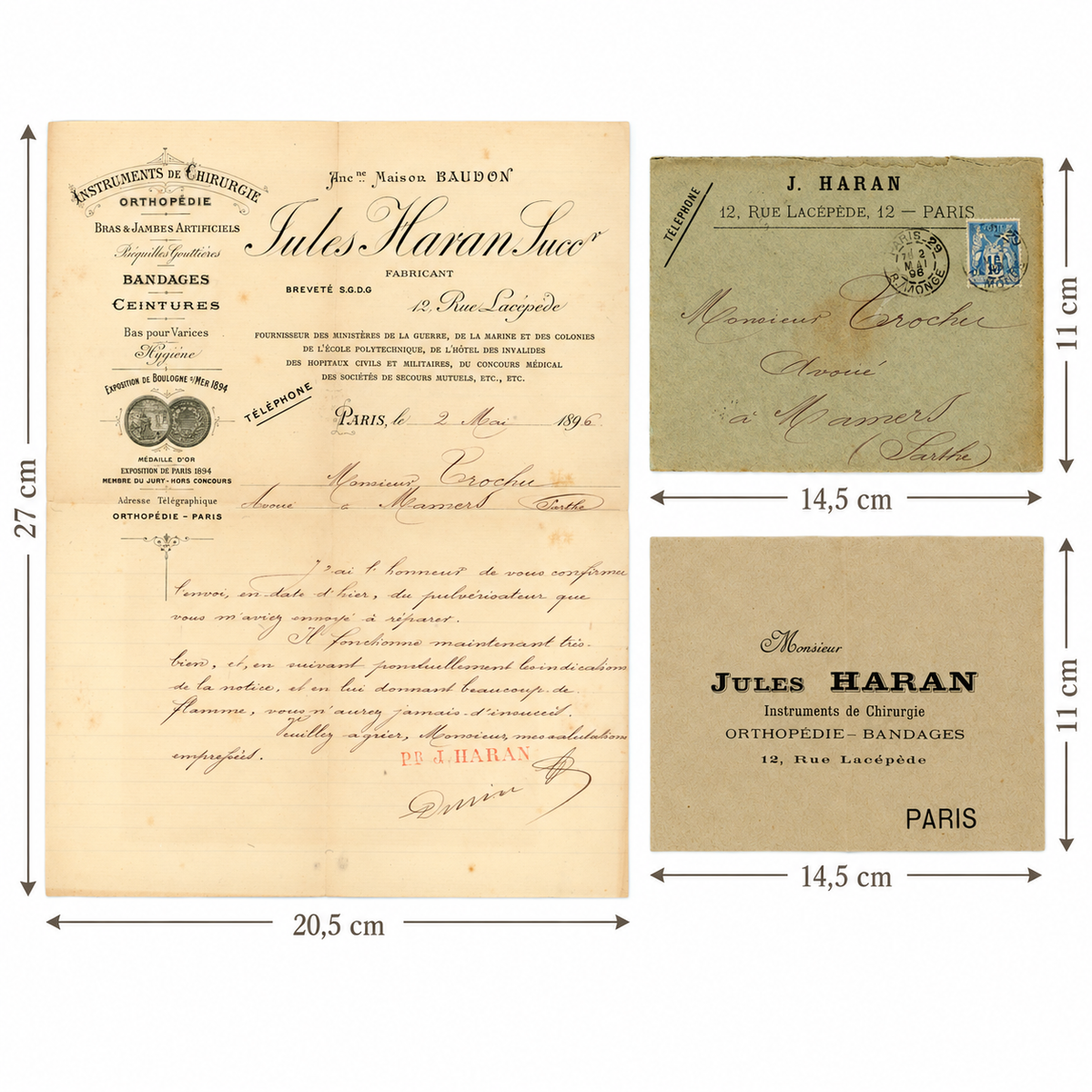 Original 1896 French medical letter with two period envelopes and postal details
