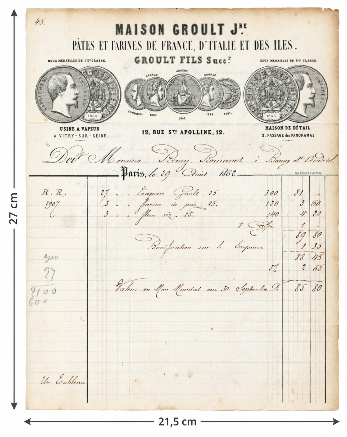 1862 Maison Groult French food invoice, Paris, shown with measurements 27 x 21.5 cm