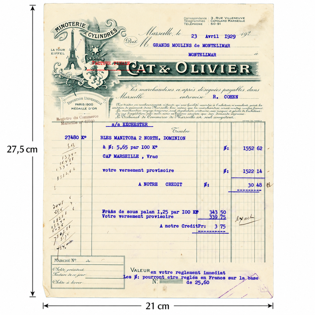 Original 1929 French flour mill invoice with Cat & Olivier illustrated letterhead