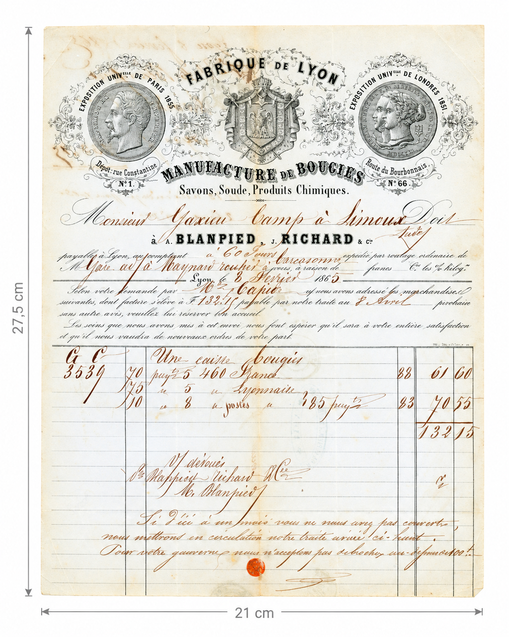 Original 1865 French candle manufacturer invoice with ornate engraved letterhead
