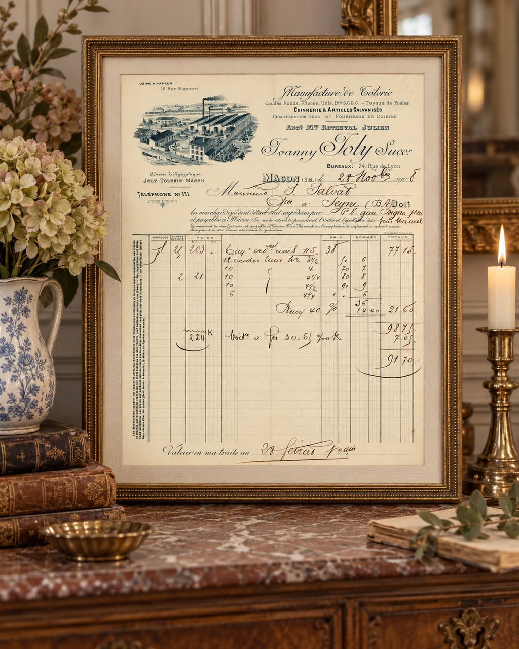 1. 1908 French metalware invoice displayed as framed industrial history decor