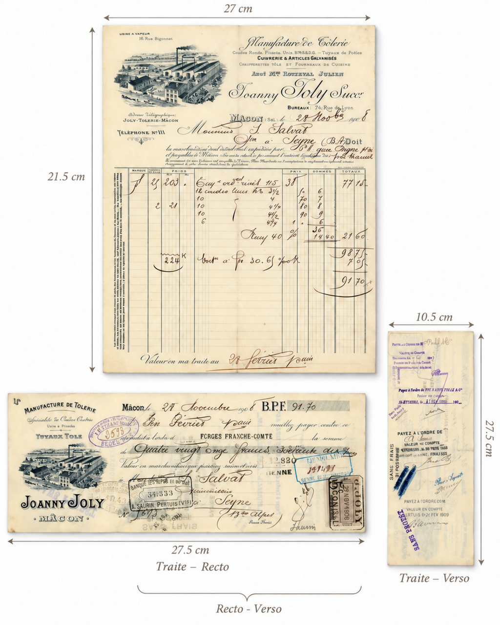 Original 1908 French metalware invoice with illustrated Joanny Joly factory letterhead