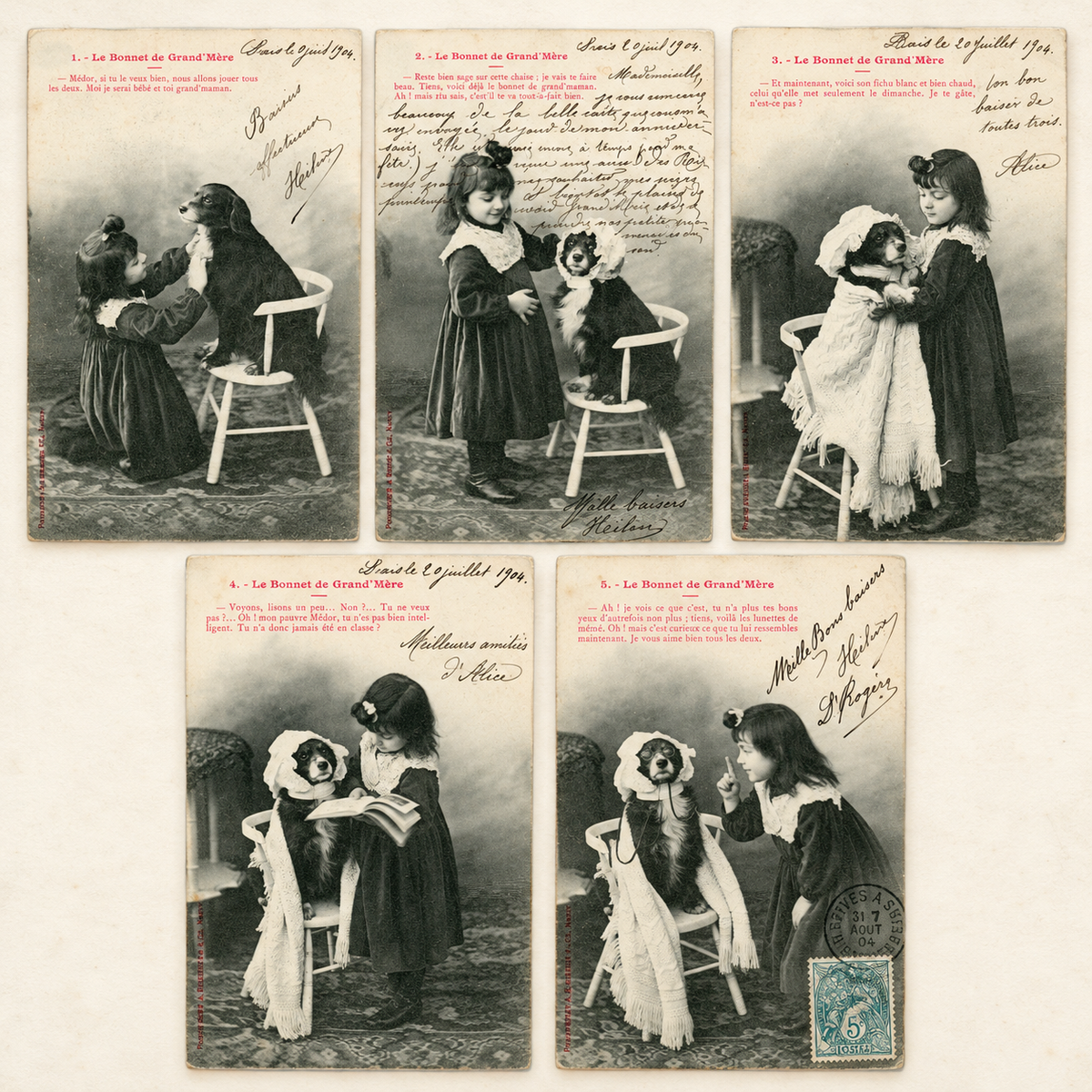 Set of five original A. Bergeret Le Bonnet de Grand'Mère antique French postcards depicting a little girl dressing her dog as a grandmother, Belle Époque circa 1904.