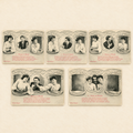 Set of five original Édition Bergeret Brune ou Blonde antique French postcards, numbered 1 to 5, illustrating a humorous Belle Époque love story circa 1905.