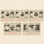 Set of five original Édition Bergeret Brune ou Blonde antique French postcards, numbered 1 to 5, illustrating a humorous Belle Époque love story circa 1905.