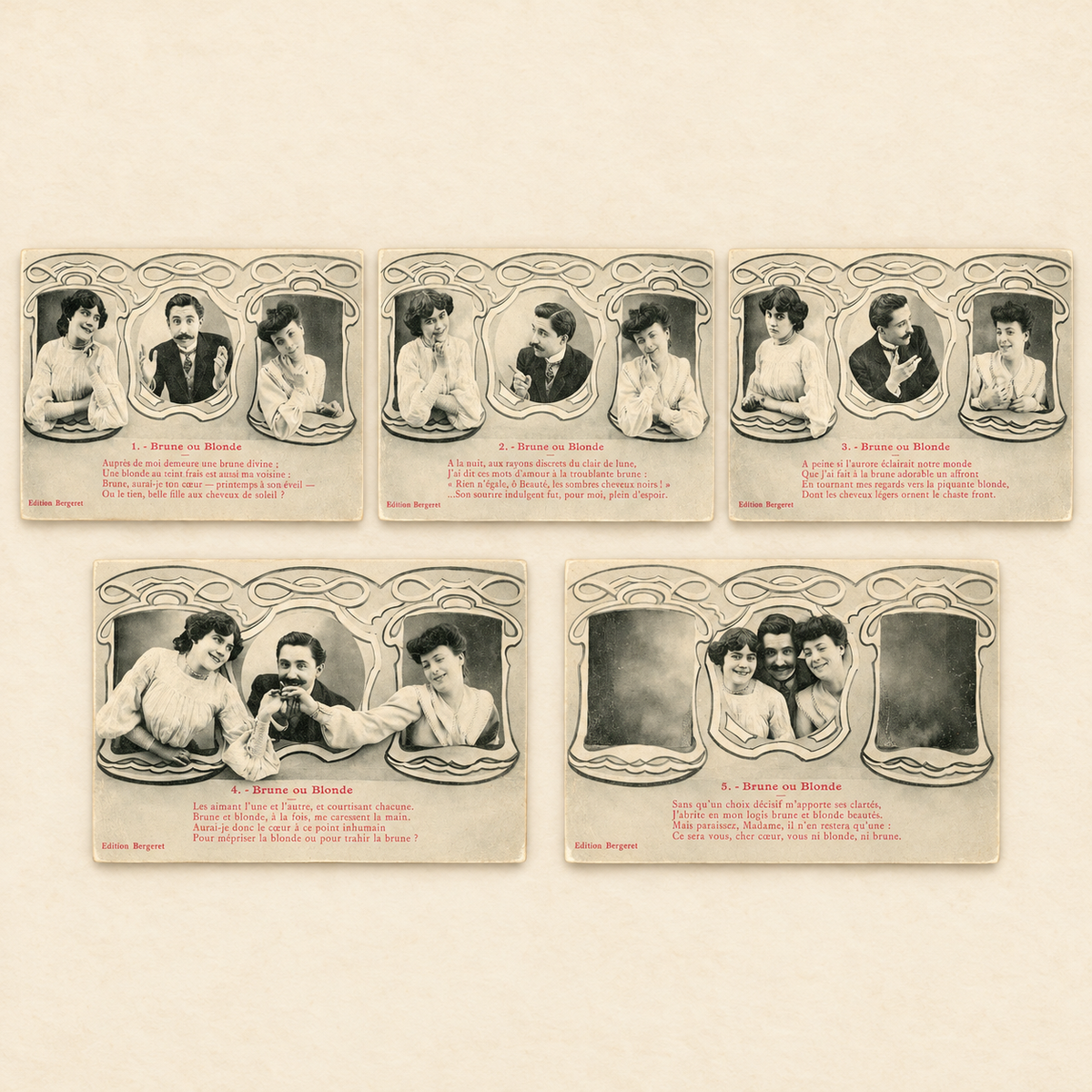 Set of five original Édition Bergeret Brune ou Blonde antique French postcards, numbered 1 to 5, illustrating a humorous Belle Époque love story circa 1905.